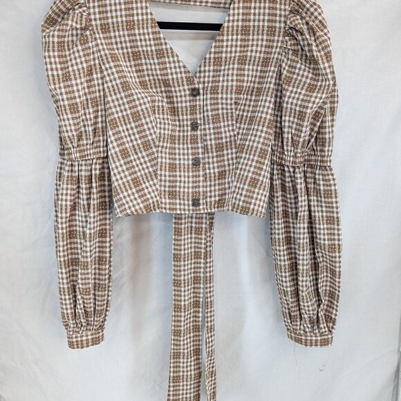 Simplee Women Brown Plaid Crop Top Gathered Sleeve Tie in Back Size M - Picture 1 of 11